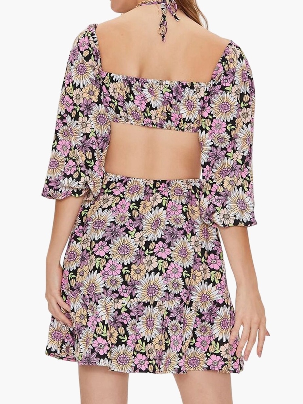 ✨Forever 21 Black Floral Cutout Mini Dress Strappy Halter Neck Line Size S - Picture 3 of 13